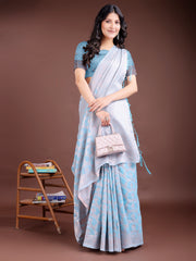 Elegant Peach Pink Linen Cotton Saree for Women – Soft Lightweight Saree with Subtle Self-Weave & Tassel Pallu