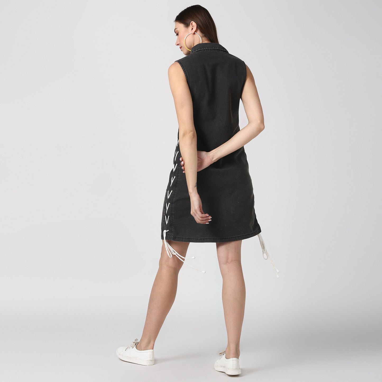 StyleStone Women's Black Denim Dress with Draw String on the Sides