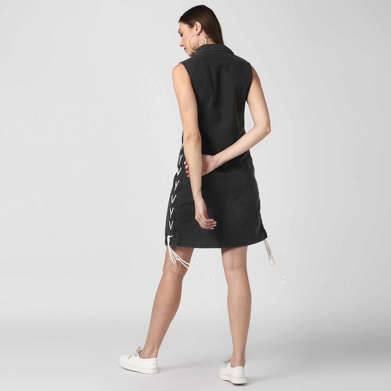 StyleStone Women's Black Denim Dress with Draw String on the Sides