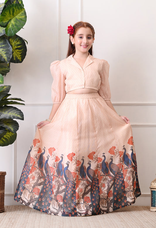Girls Peach Peacock Print Lehenga Set with Puff Sleeve Blouse