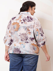 Plus Size Floral Print Kimono Sleeve Linen Shirt Style Top