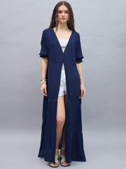 Women's Rayon Crepe Navy Longline Shrug with Lace Inserts
