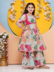 Girls Sea Green Multi Printed Jacket Style kurta with Sharara With dupatta