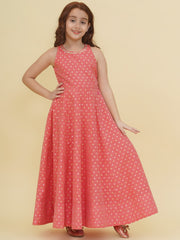 Silk Woven Sleeveless Self Design Fit And Flare Ethnic Dress - Peach