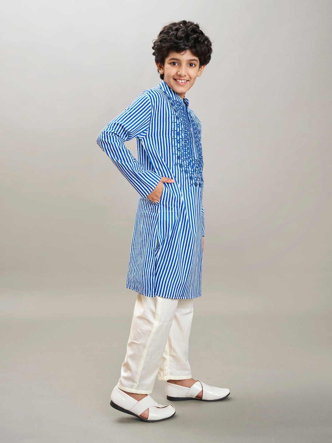 Boys blue white stripe embroidery kurta with a off white pajama