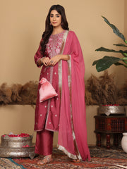 Women Mauve Silk Thread Embroidered Kurta Set With Dupatta