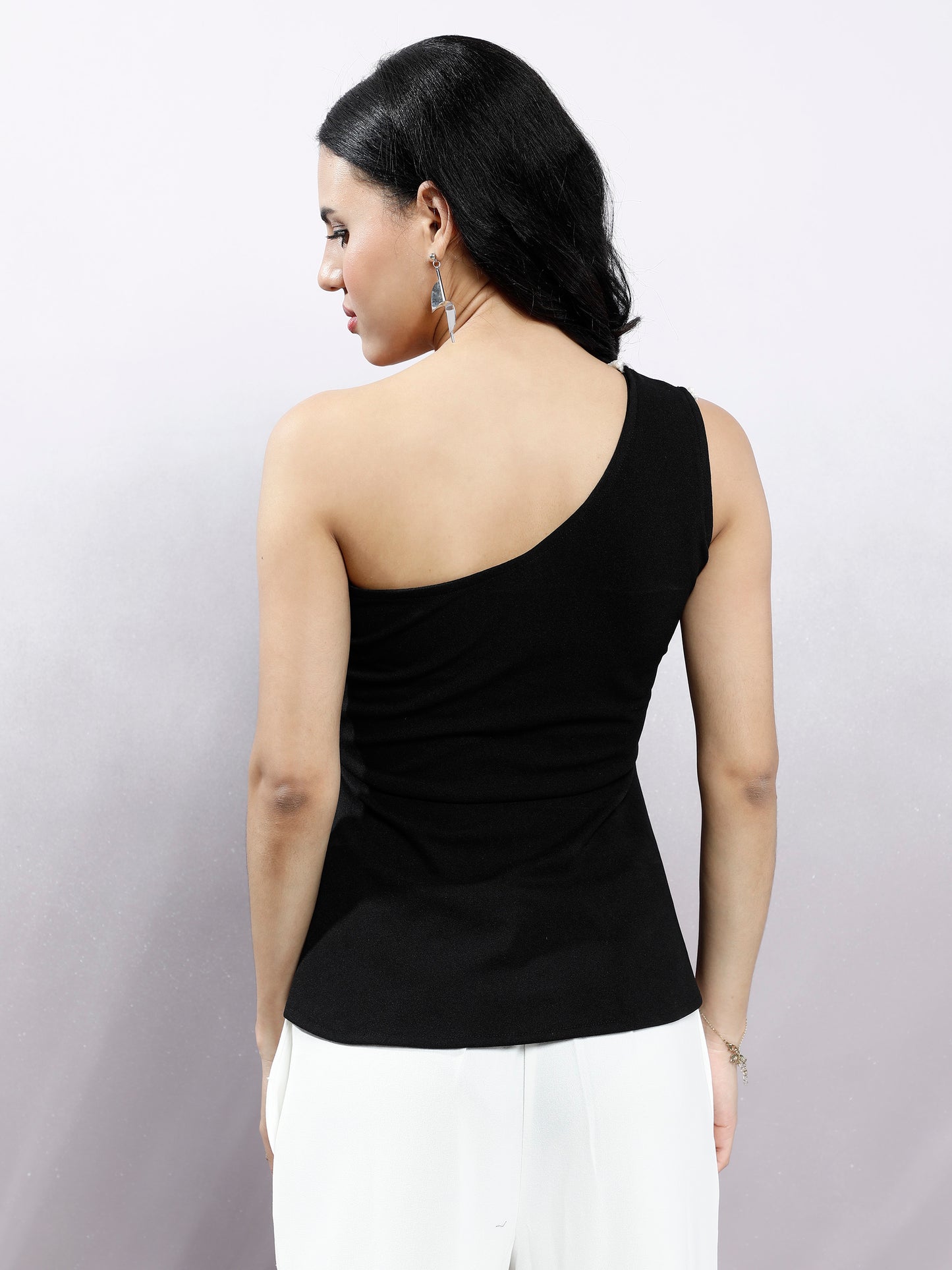 Women Embellished Solid One Shoulder Scuba Peplum Top