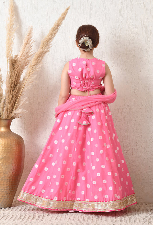 Girls Pretty Pink Embroidered Lehenga Choli Set with Net Dupatta