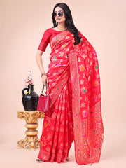 Elegant Banarasi Cotton Saree with Zari Leaf Motifs and Rich Pallu - Traditional Indian Saree for Festive & Wedding Wear