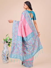 Premium Pink & Sky Blue Floral Woven Lichi Silk Saree with Rich Pallu & Tassels – Festive & Party Wear for Women
