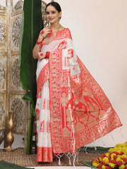 Premium Woven Linen Cotton Saree with Traditional Zari Border – Elegant Festive Look Perfect for Durga Puja, Navratri & Bengali Celebrations