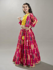 Girls Pink & Yellow Ikat Digital Print Ready to Wear Lehenga & Blouse with Jacket