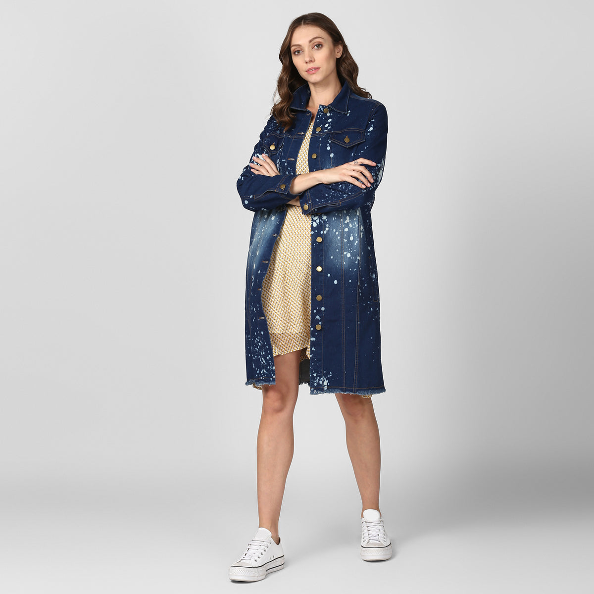 Women's Long Overcoat Style Denim Jacket with Splash effect