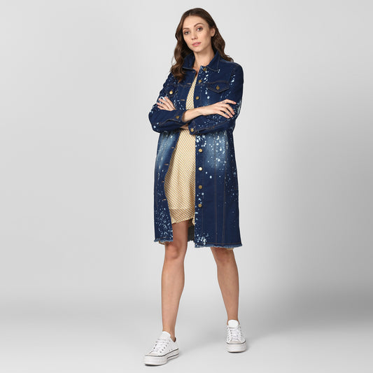 Women's Long Overcoat Style Denim Jacket with Splash effect