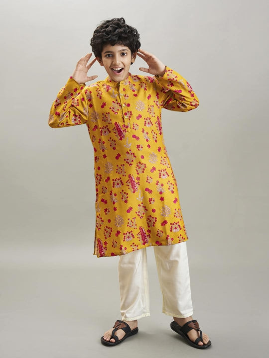 Bittu By Bhama - Boys yellow & red kurta with a white pajama