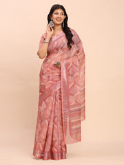 Soft Linen Cotton Saree for Women with Blouse | Elegant Cream Beige Saree with Peach Floral Print & Subtle Zari Border | Lightweight Daily & Festive Wear