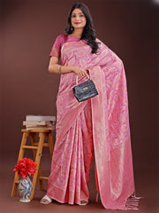 Peach Pink Linen Cotton Saree with Golden Zari Leaf Design & Elegant Pallu – Festive | Office | Daily Wear