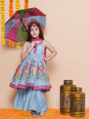 Silk blend Woven Sleeveless Placement Floral Print Flared Kurta And Sharara With Dupatta Set