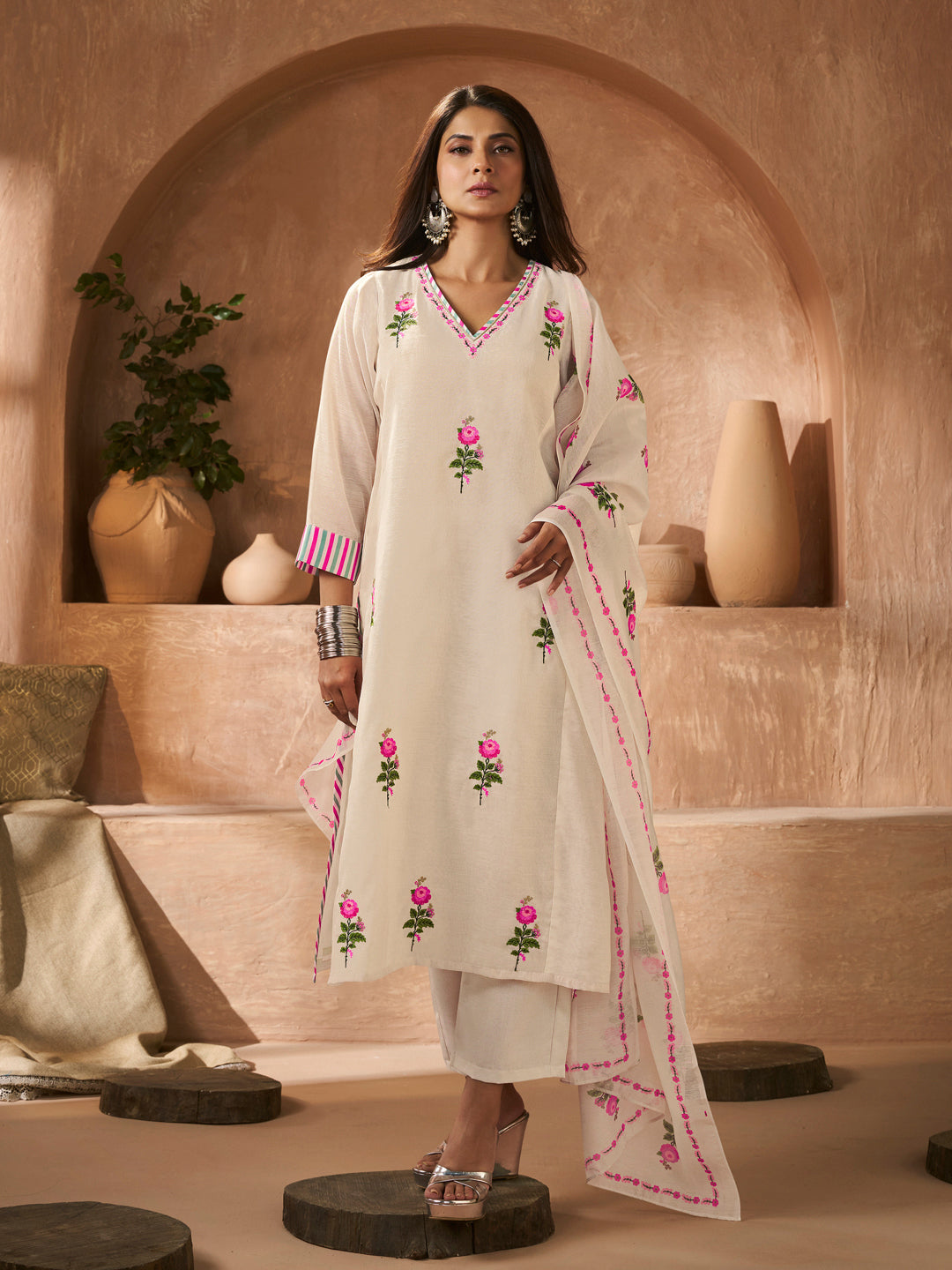 Off White Rose Embroidery Straight Kurta Set with Printed Dupatta