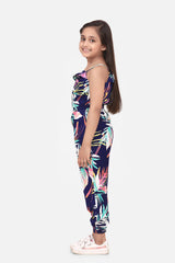Girls Multi colored Leaf Print Rayon Jumpsuit