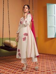 Off white colour Embroidered Anarkali Flared Kurta with Palazzos Dupatta.