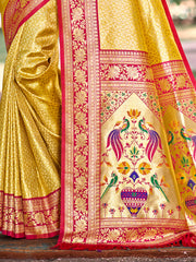 Traditional Yellow Kanjivaram Silk Saree with Rich Red Border and Peacock Pallu Design