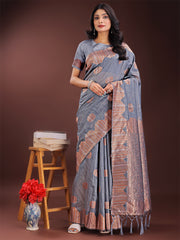 Teal Blue Linen Cotton Saree with Woven Geometric Zari Motifs – Elegant Festive Wear for Women