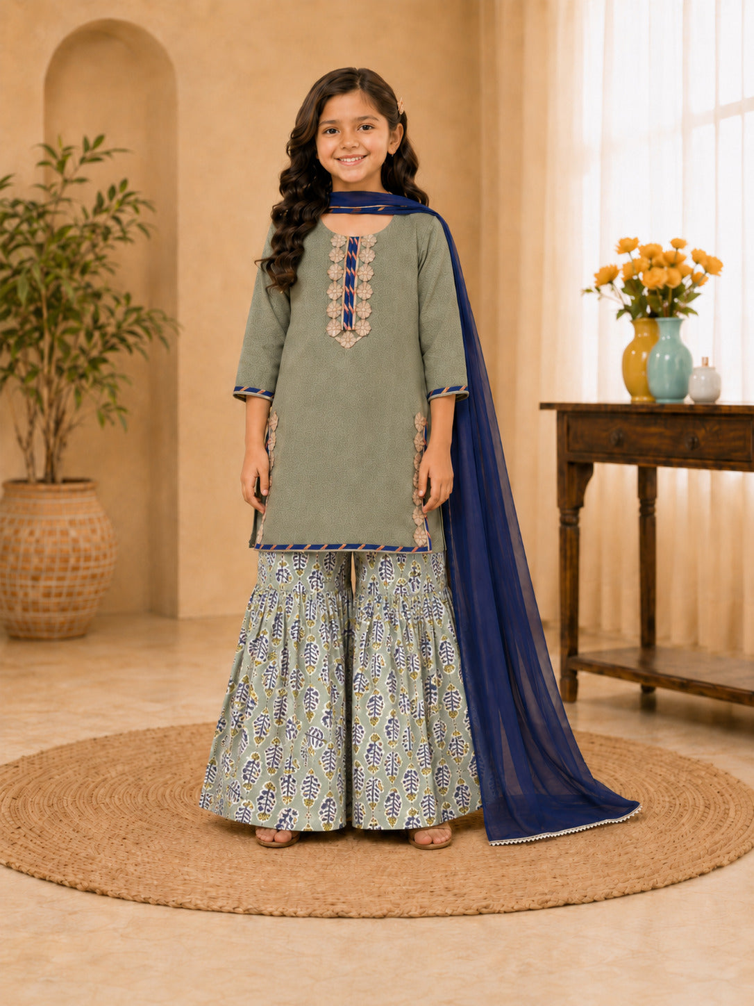 Girls Pista Green Kurta With Printed Sharara & Blue Dupatta