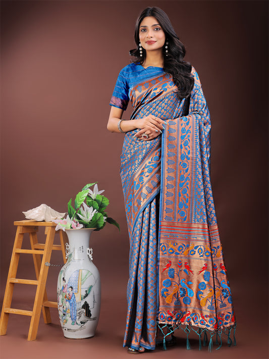 Vibrant Copper & Blue Banarasi Silk Saree with Colorful Pallu – Perfect Blend of Tradition and Festive Elegance