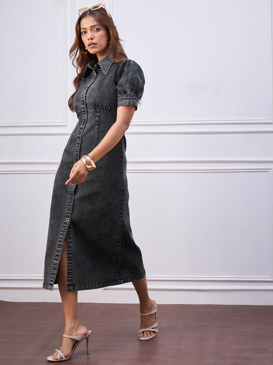 StyleStone Women's Black Denim fitted Dress