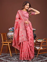 Grace in Every Thread: Pink Patola Linen Cotton Saree Woven with Cultural Elegance