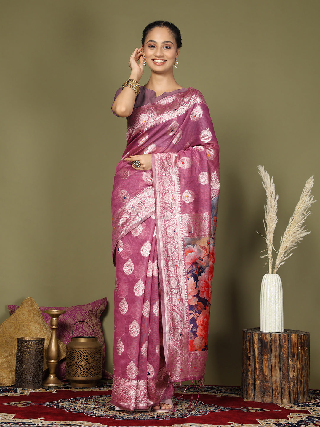 Floral Linen Cotton Saree with Zari Border & Digital Printed Pallu - Elegant Sari for Festive Occasions