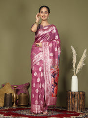 Green Floral Linen Cotton Saree with Zari Border & Digital Printed Pallu – Elegant Sari for Festive Occasions