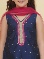 Girls Blue Self Design Kurta with Afgani Salwar with Dupatta