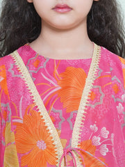 Girls Pink & Green Floral Printededed Ready to Wear Lehenga & Blouse with Shrug