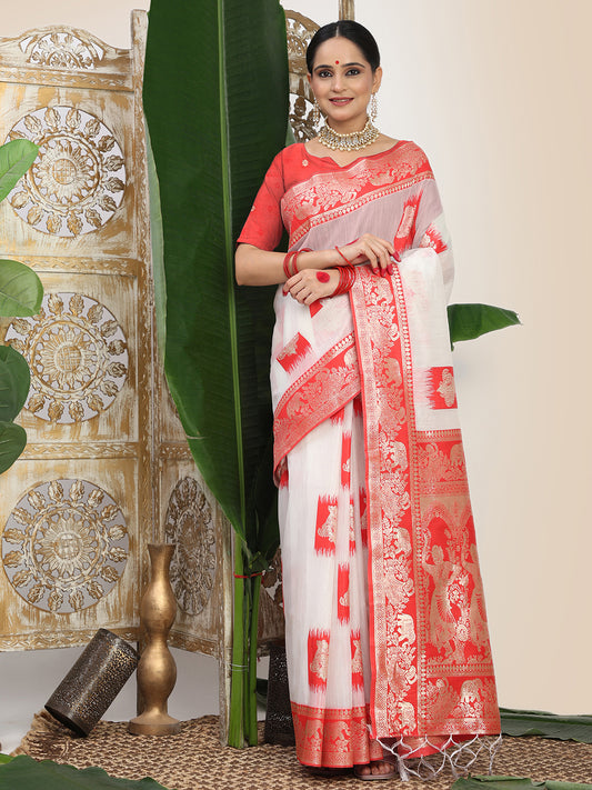 Premium Woven Linen Cotton Saree with Traditional Zari Border – Elegant Festive Look Perfect for Durga Puja, Navratri & Bengali Celebrations