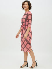 Women's Pink Check front Tie Knot Midi Dress