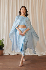 Sky Blue Cape Sleeved Top & Slit Skirt Set