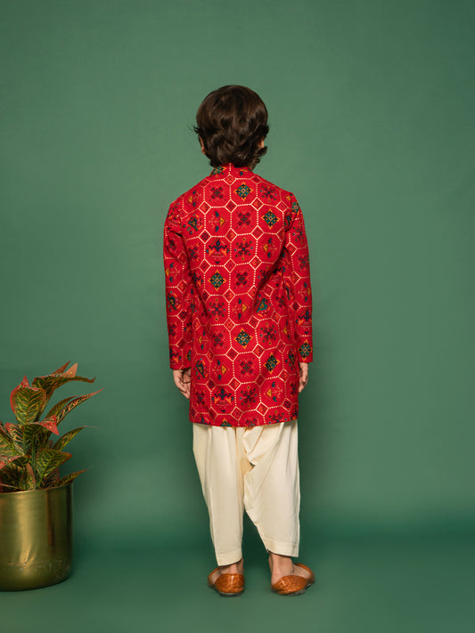 Boys' Red Kurta and Patiala Set