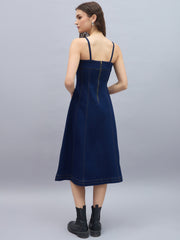 Women's Denim Midi Dress with Shoulder straps