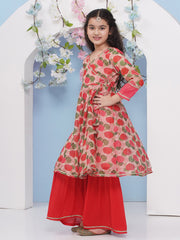 Girls Red Floral Printed Angrakha Kurta with Sharara with dupatta