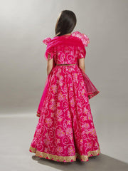 Girls Pink & White Bandhej Digital Print Ready to Wear Lehenga With Choli