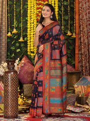 Off White Linen Cotton Saree with Multicolor Ethnic Print – Soft & Lightweight Saree for Festive, Daily, and Office Wear