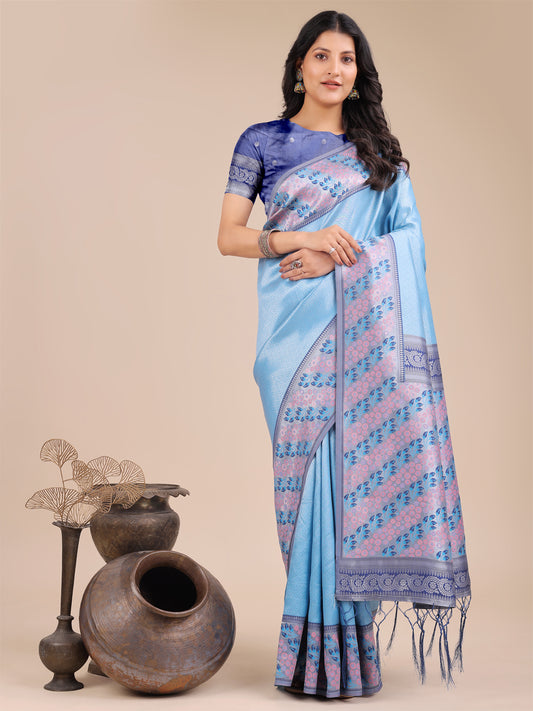 Radiant Sky Blue Silk Saree with Pink & Blue Floral Pattern – Perfect for Weddings & Festive Glamour