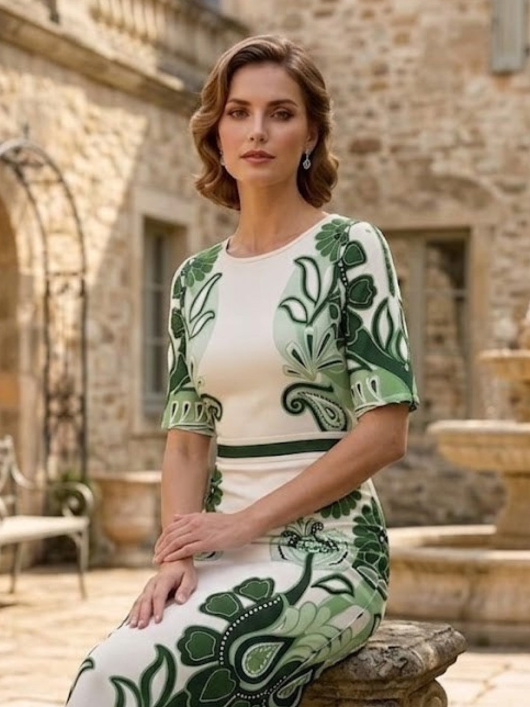 Green & Beige Linen Midi Dress-ADR-19767