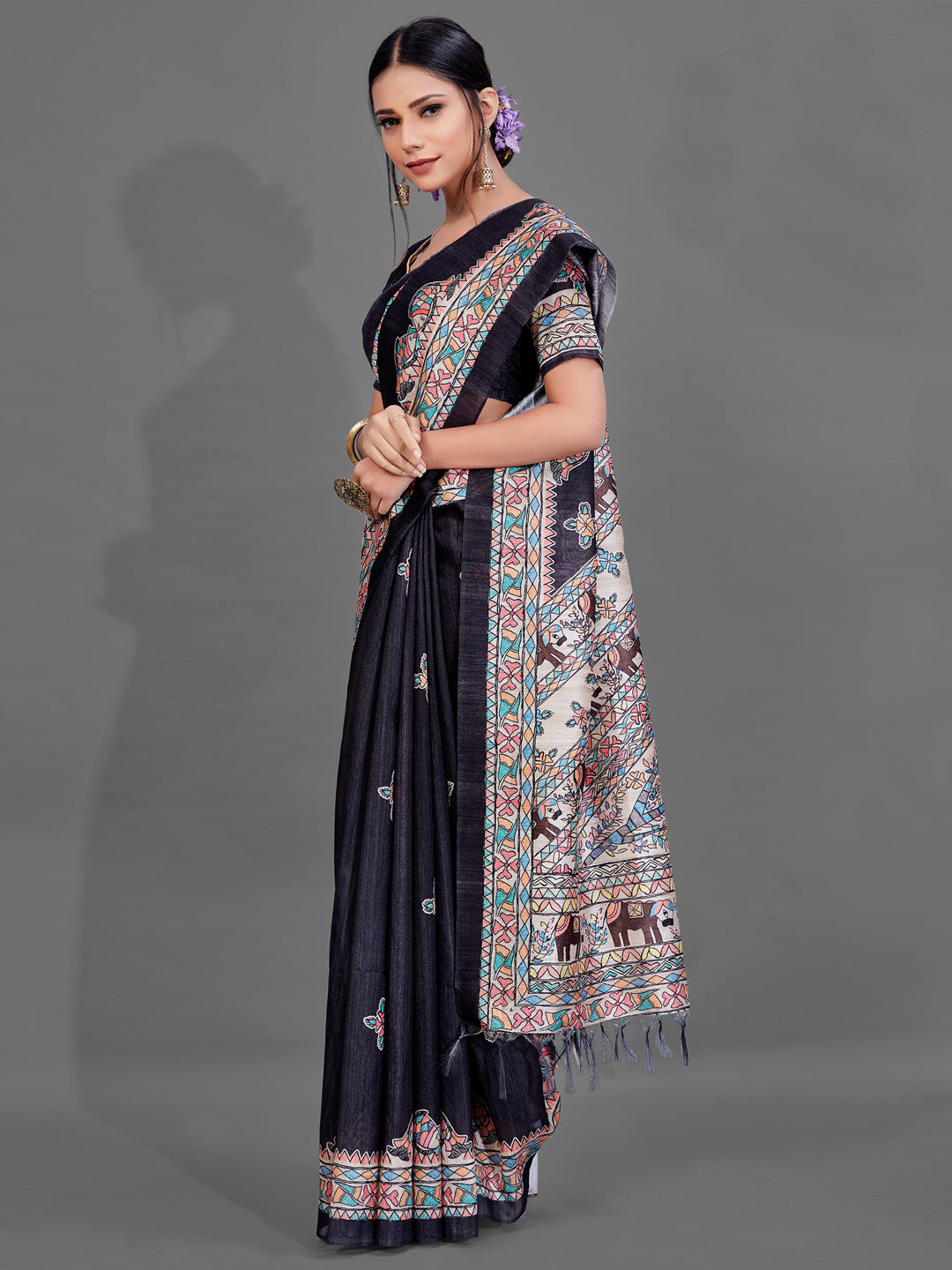 Women's Manipuri Silk Black DigitalPrint DesignerSaree With Blouse Piece
