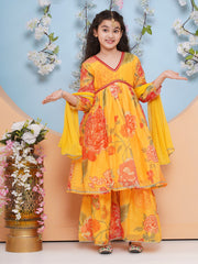 Girls Yellow Floral Printed Alia Design Kurta With Sharara With dupatta