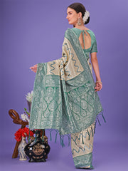 Cream & Green Lichi Silk Saree with Rich Woven Border and Zigzag Pattern – Wedding & Festive Wear