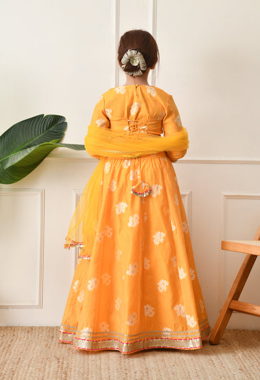 Girls Mustard Yellow Embroidered Lehenga Choli Set with Net Dupatta