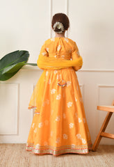 Girls Mustard Yellow Embroidered Lehenga Choli Set with Net Dupatta